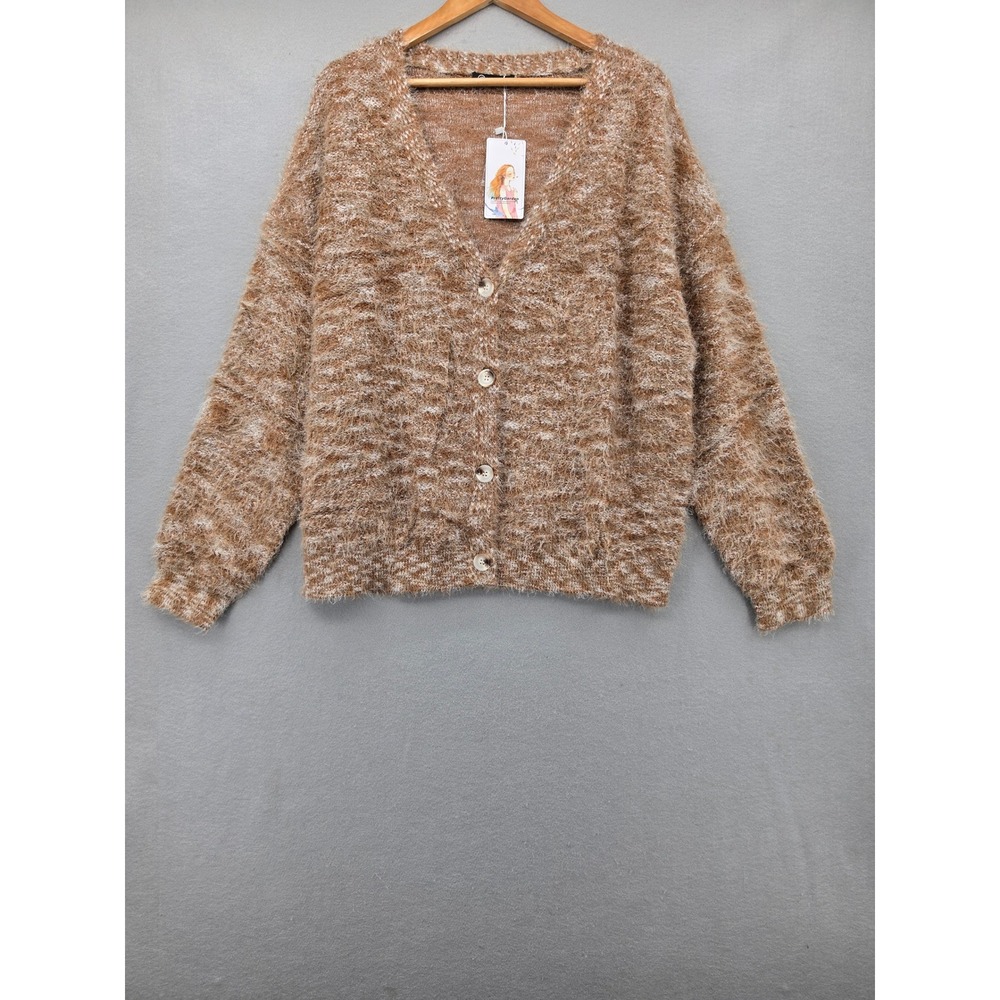 PrettyGarden Fuzzy Eyelash Knit Cardigan Brown White Marled Button Sweater XL